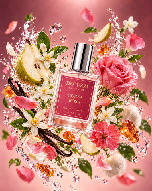 A bottle of Decuzzi Fragrances Corsa Rosa Eau de Parfum is beautifully styled with pink roses, white blossoms, green pear slices, vanilla beans, and sparkling droplets against a soft pink background.