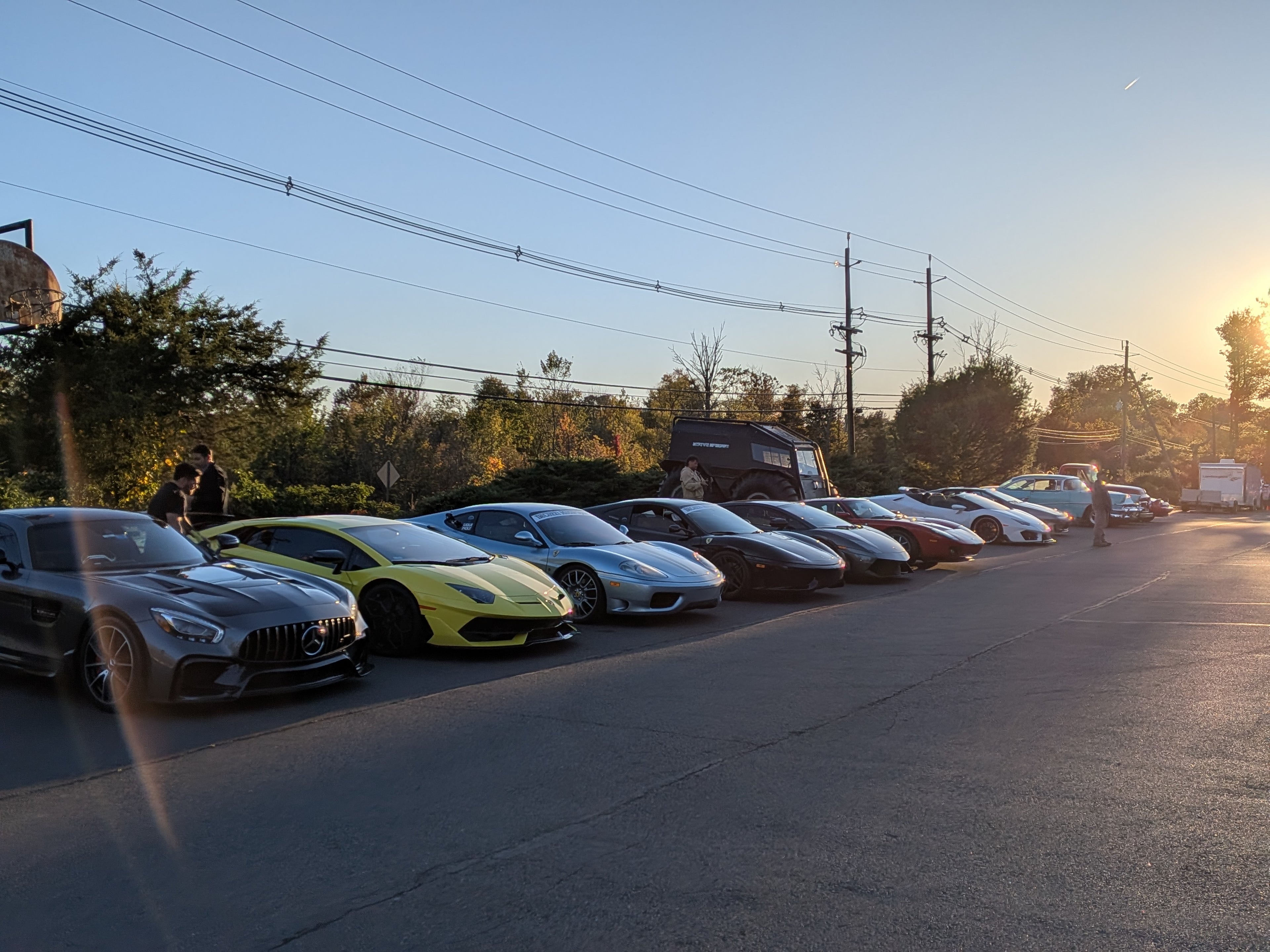 Row of luxury cars parked on a street with trees and power lines in the background.