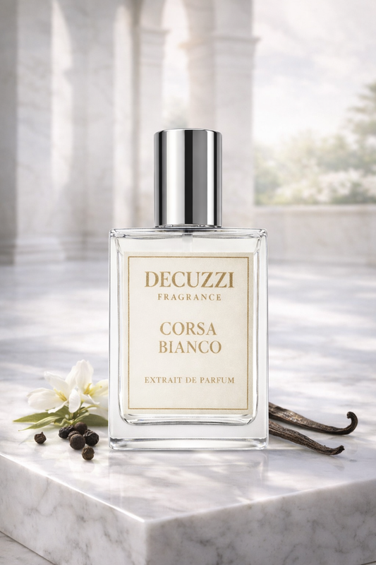 Decuzzi Fragrance Corsa Bianco perfume bottle on a marble surface with vanilla beans and flowers.
