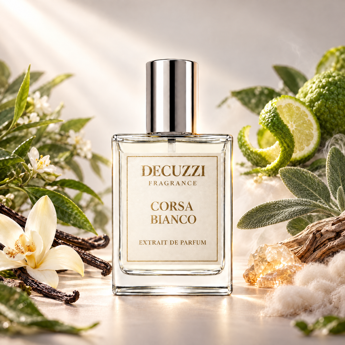 A bottle of Decuzzi Fragrance 'Corsa Bianco' Extrait de Parfum centered on a light background, surrounded by botanical and citrus props including green leaves, a white flower, vanilla pods, and lime slices.