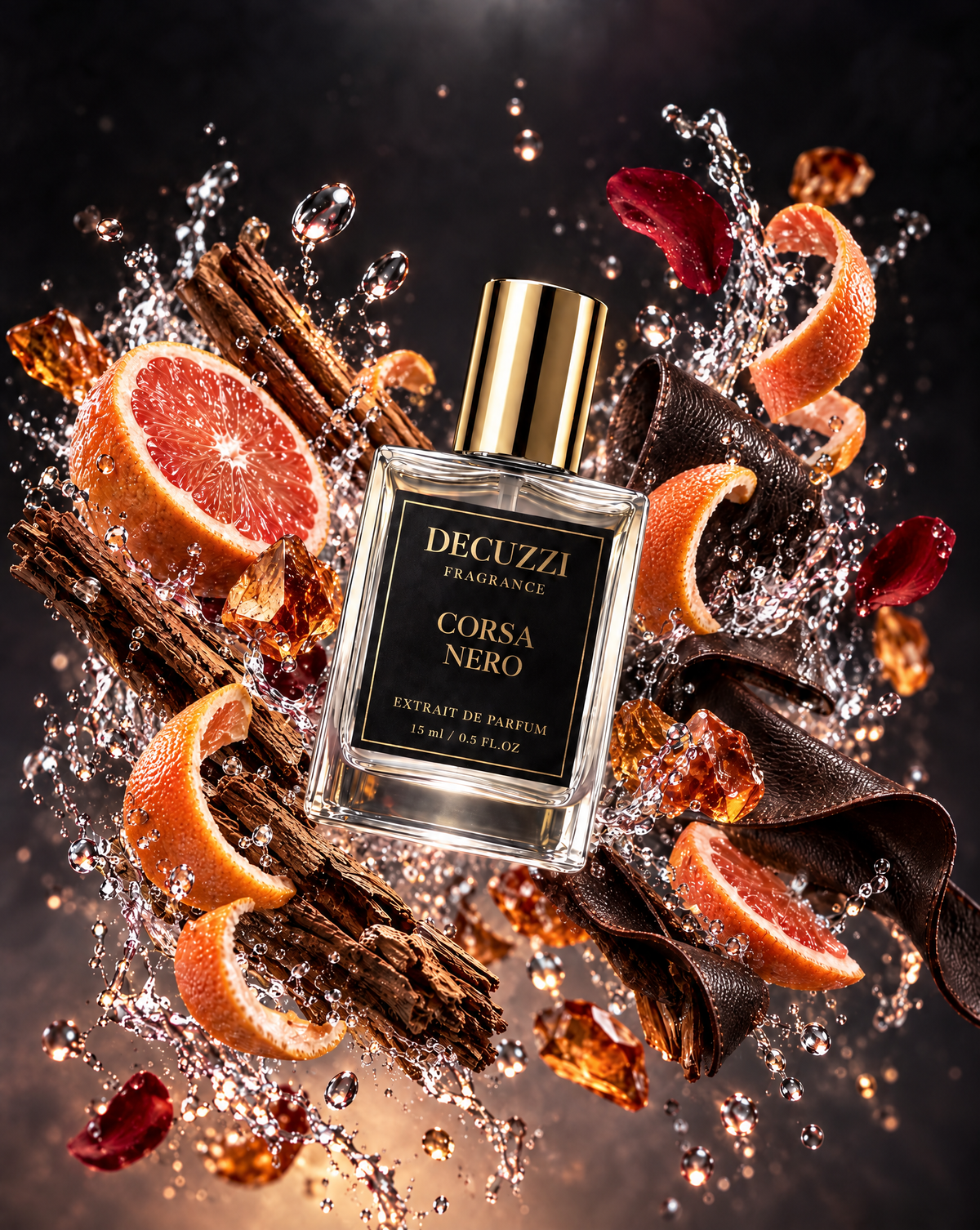 A bottle of Decuzzi Fragrances Corsa Nero perfume is centered against a dark background, surrounded by a dynamic splash of water, citrus slices, cinnamon sticks, amber crystals, and dark chocolate curls. The bottle has a clear glass body, a gold cap, and a black label with gold lettering.