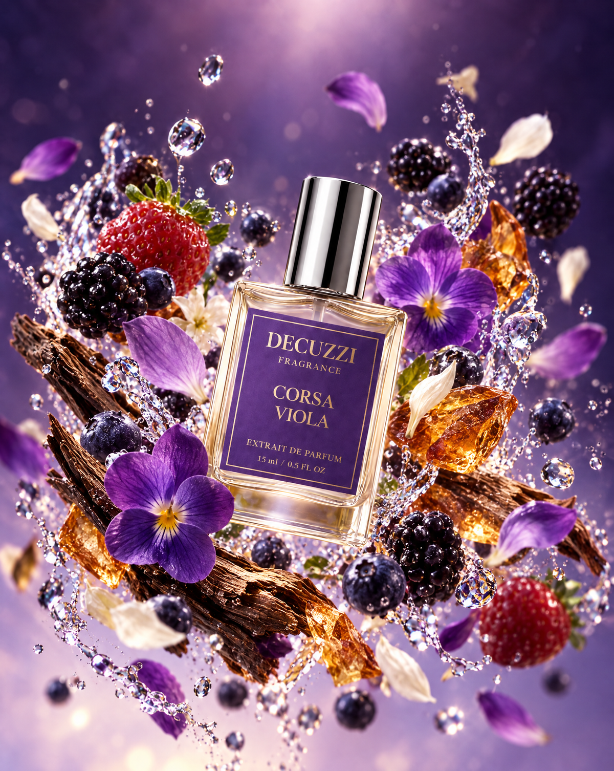 A bottle of Decuzzi Fragrances 'Corsà Viola' perfume is centered amidst a dynamic splash of purple violets, blackberries, raspberries, amber resin, and water droplets against a purple background.