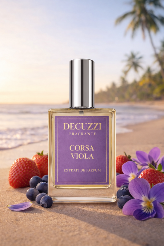 DeCuzzi Fragrance Perfume on a sunlit beach surrounded by berries and violets