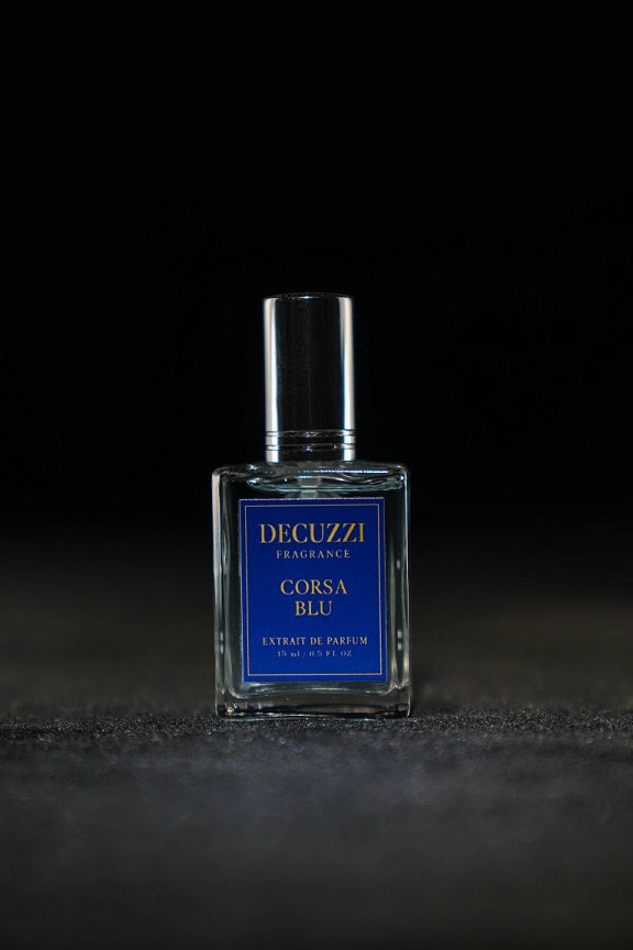 Decuzzi Corsa Blu perfume bottle on a black background